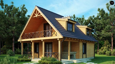 Компактный дом с мансардой, с крытой террасой и внешним камином